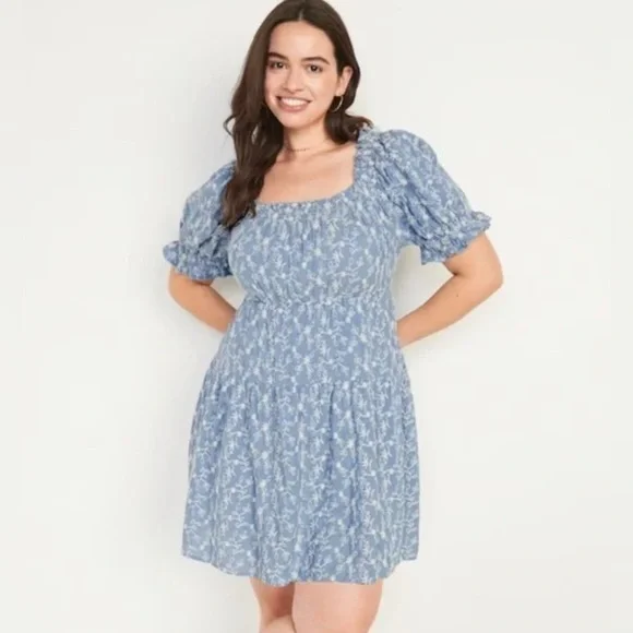 Old Navy Puff-Sleeve Tiered Mini Swing Dress Size 3X Milkmaid Peasant Boho Blue - Picture 4 of 10